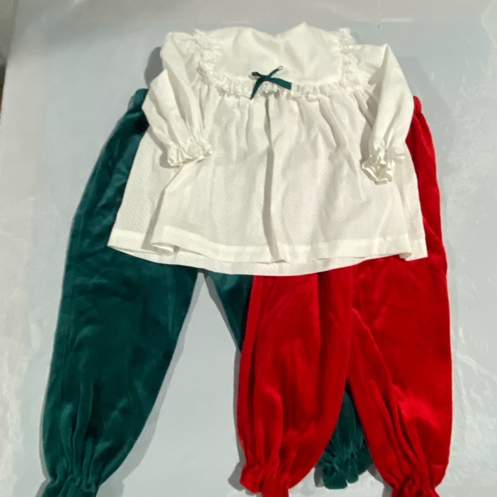 White‎ Top with Green and Red Pants Set